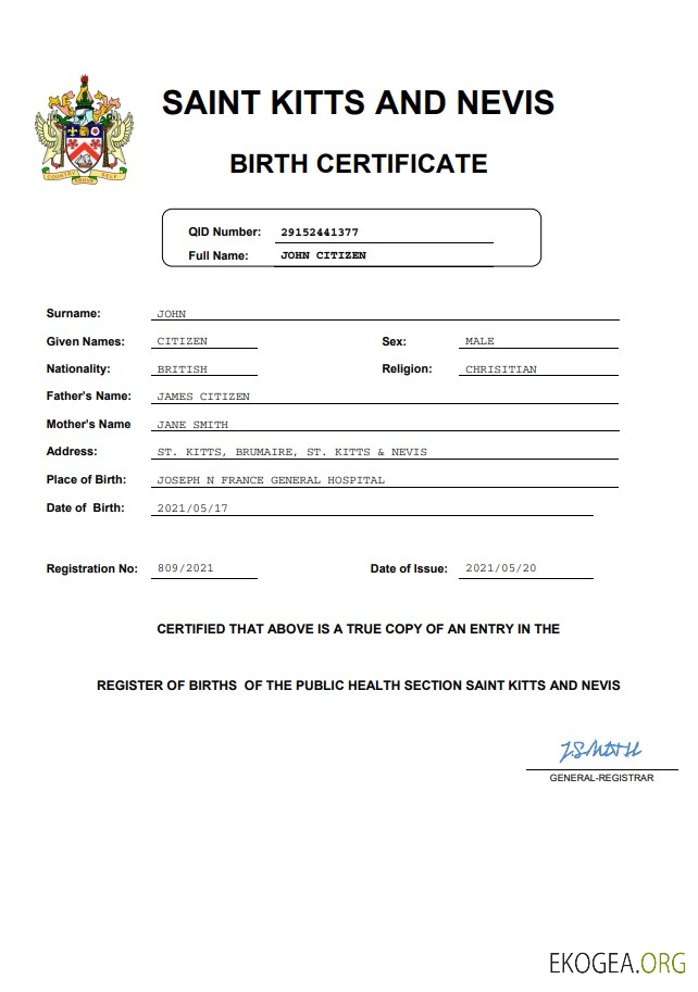 Acte d'état civil de Saint Kitts et Nevis, modèle Word et PDF